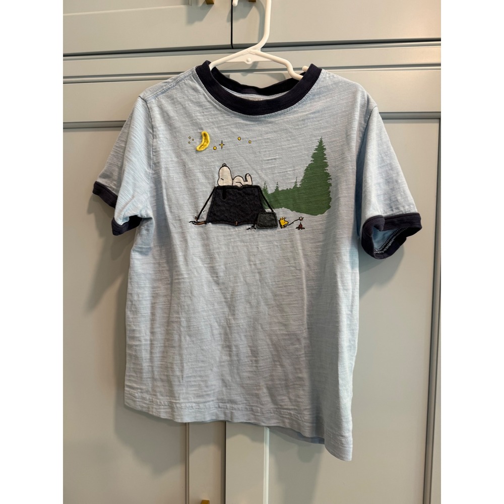 Hanna Andersson Peanuts Snoopy Camping Ringer Tee Blue Slub Knit Shirt 120cm